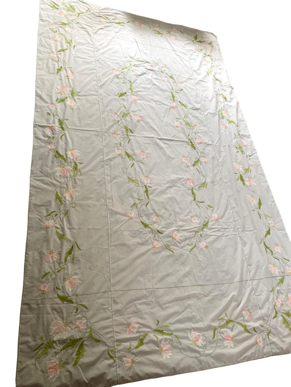 Vintage Floral Embroidered Applique Tablecloth 68"x114" Pastel Pink Green Flower